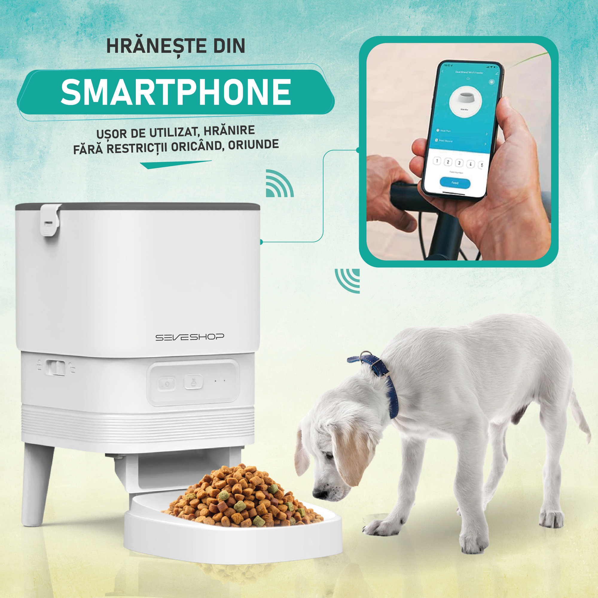 dispenser hrana animale cu control prin aplicatie mobila si conectivitate WiFi