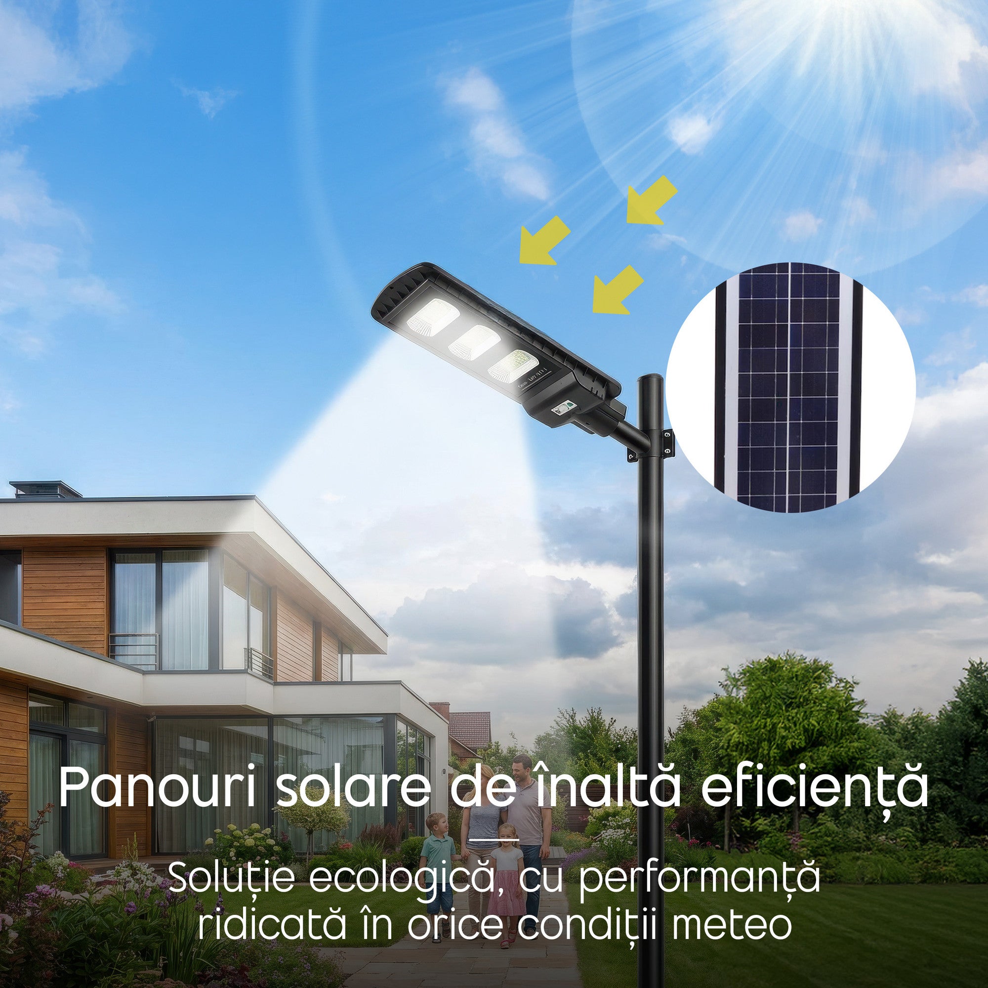 lampă solară care se aprinde automat la detectarea mișcării în curte