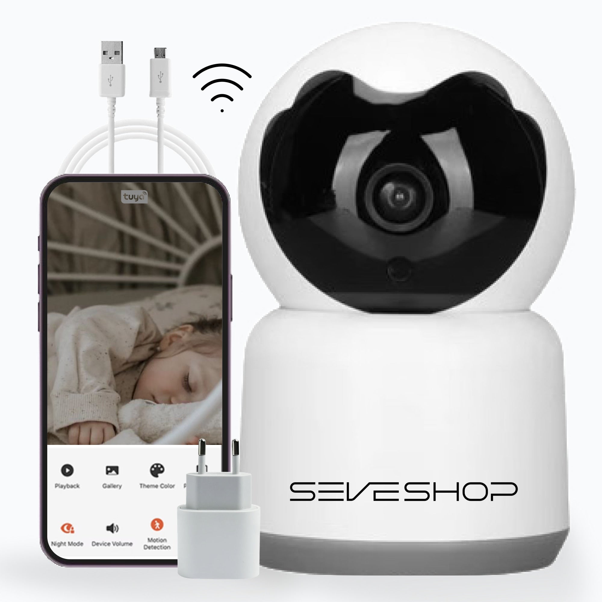 Baby Monitor SeveShop Wi-Fi Full HD 1080p cu adaptor, cablu USB si aplicatia Tuya