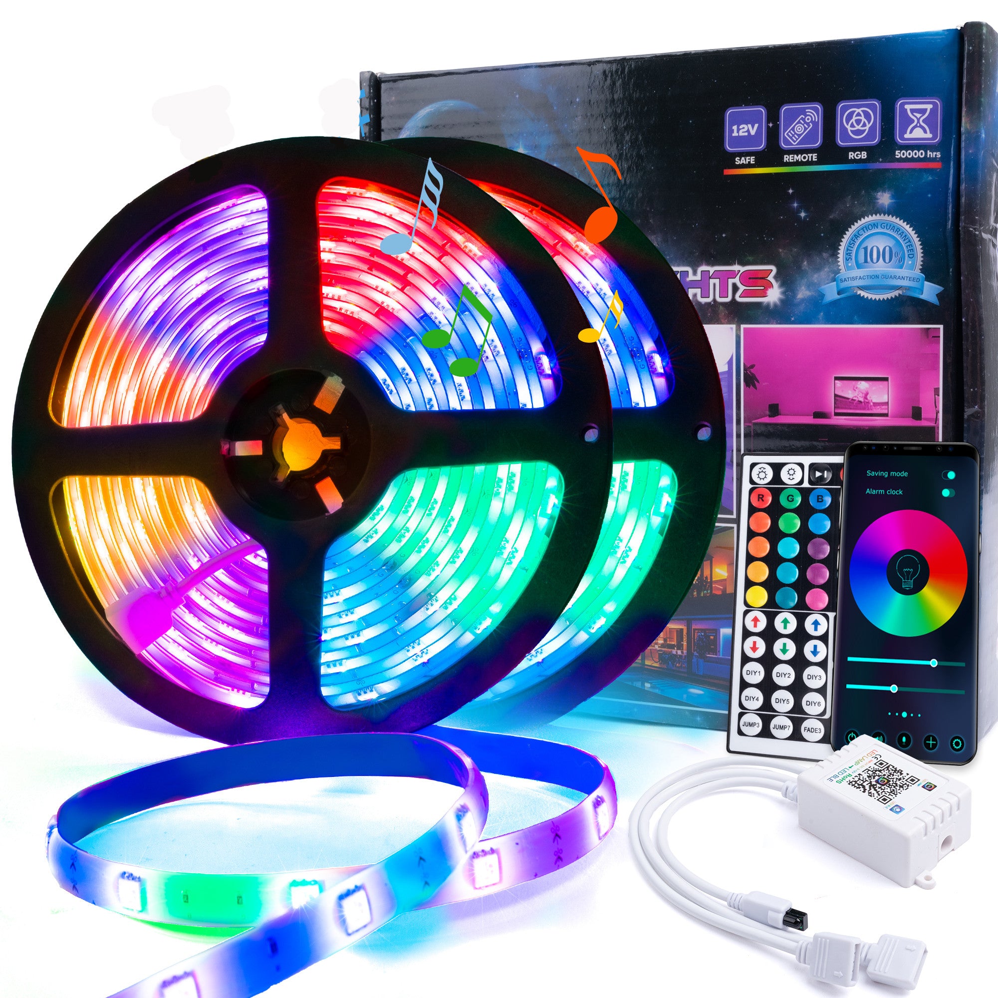 Bandă LED RGB 2 x 5m, Control din Aplicație, Sincronizare Muzică, IP65
