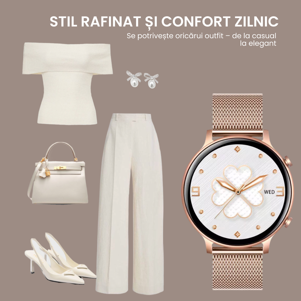 Smartwatch Damă cu Monitorizare Ritm Cardiac, Somn și Notificări, Gold