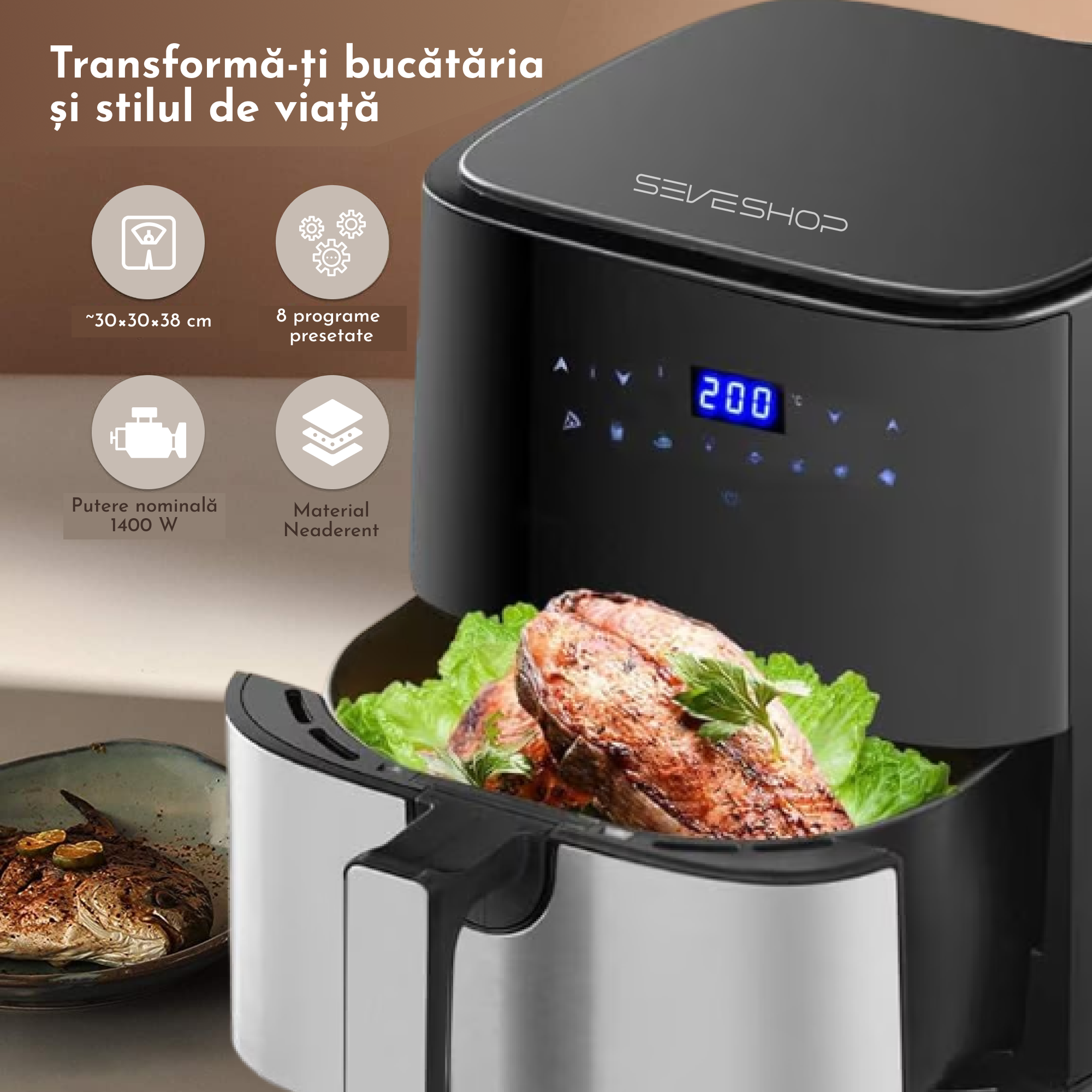 air fryer 1400W utilizat pentru preparate sanatoase si crocante acasa