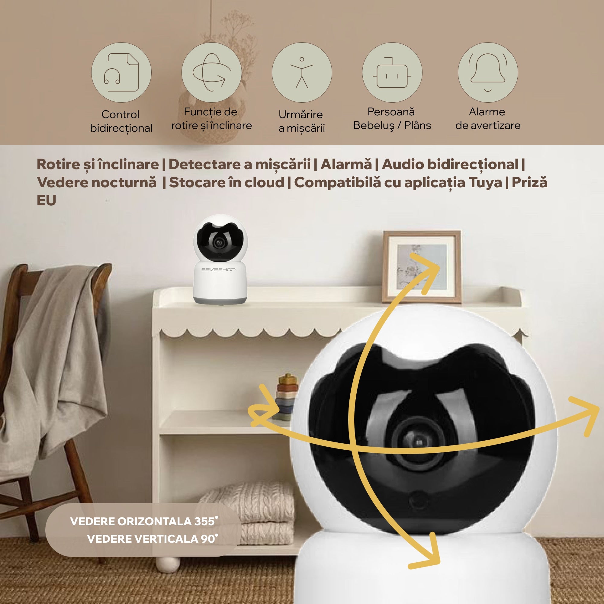 Baby Monitor rotire orizontala 355 grade si inclinare verticala 90 grade