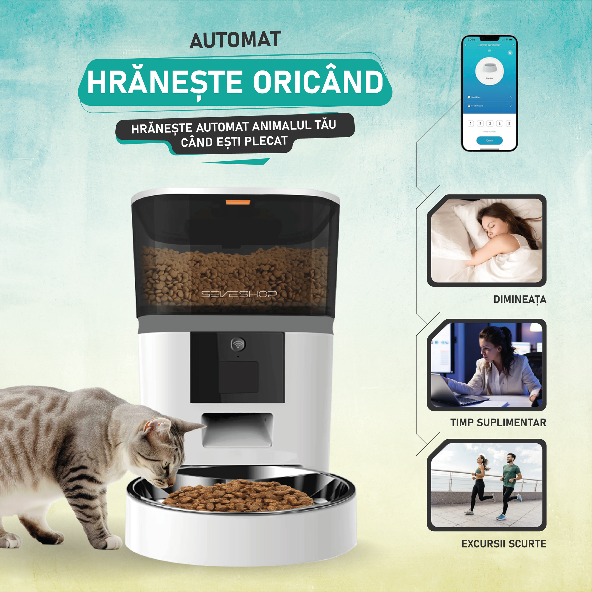 hranitor automat cu rezervor mare 6L pentru alimentarea animalelor pe mai multe zile