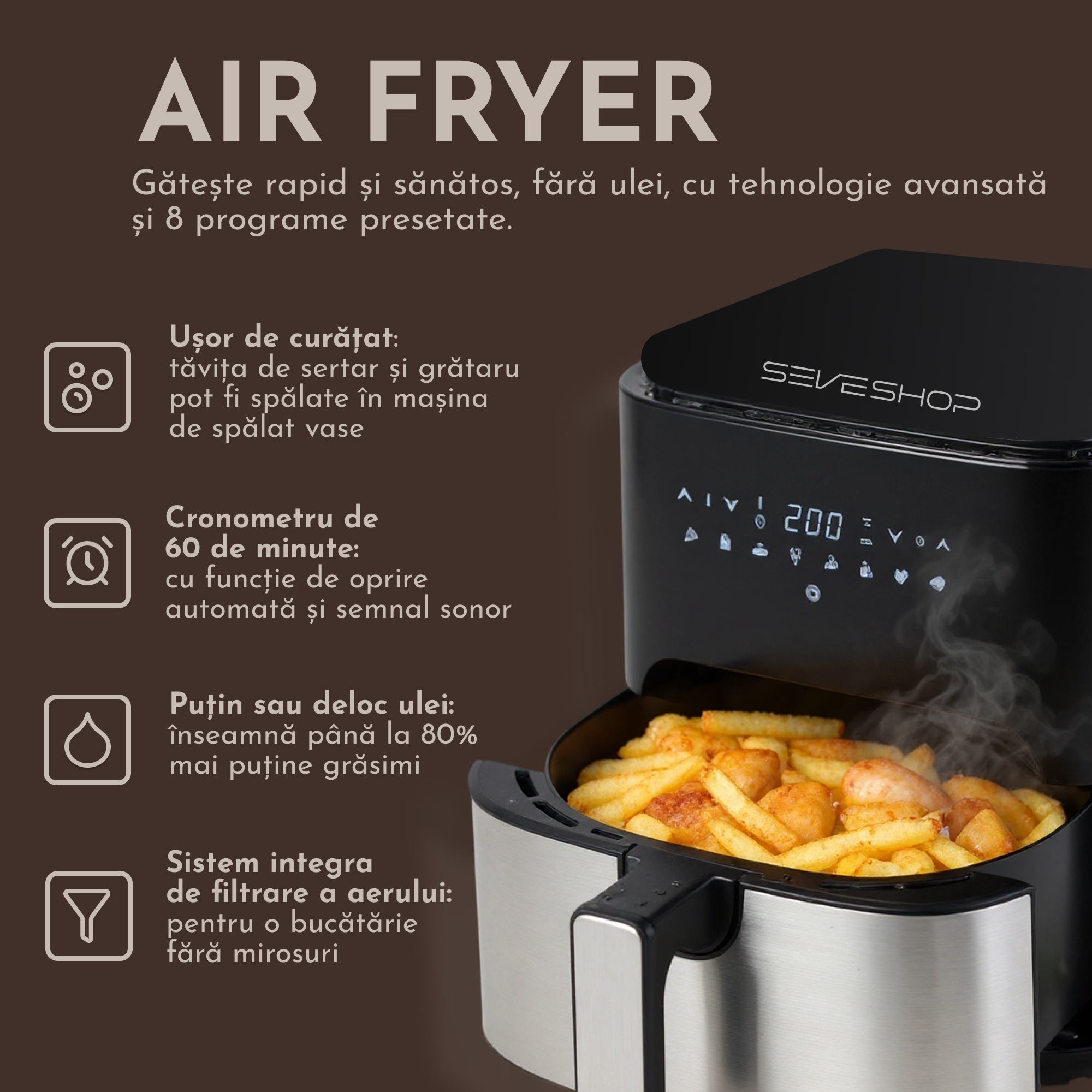 Friteuza cu Aer Cald 5.5L, 8 Programe Digitale si 1400W, Fara Ulei — RESIGILAT