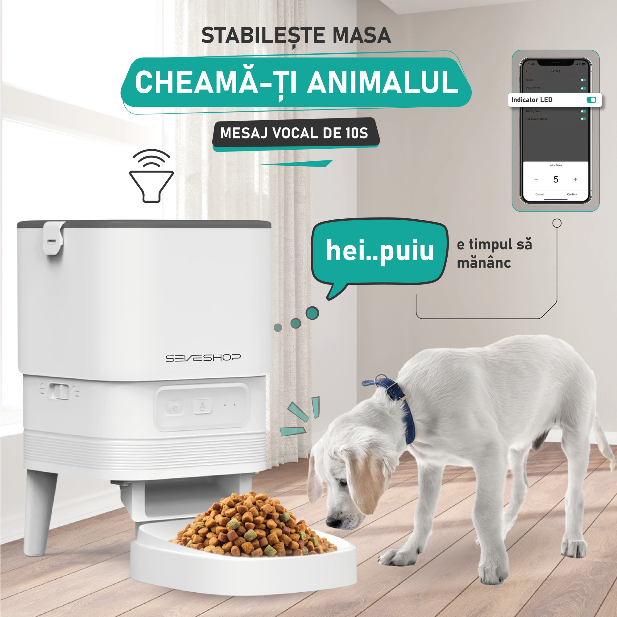 dispozitiv hranire animale cu functie audio pentru mesaj vocal personalizat