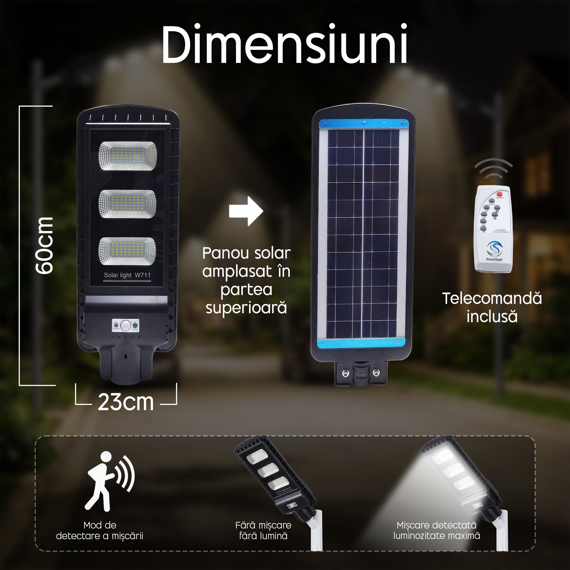 lampă solară cu telecomandă pentru selectarea modurilor de iluminare