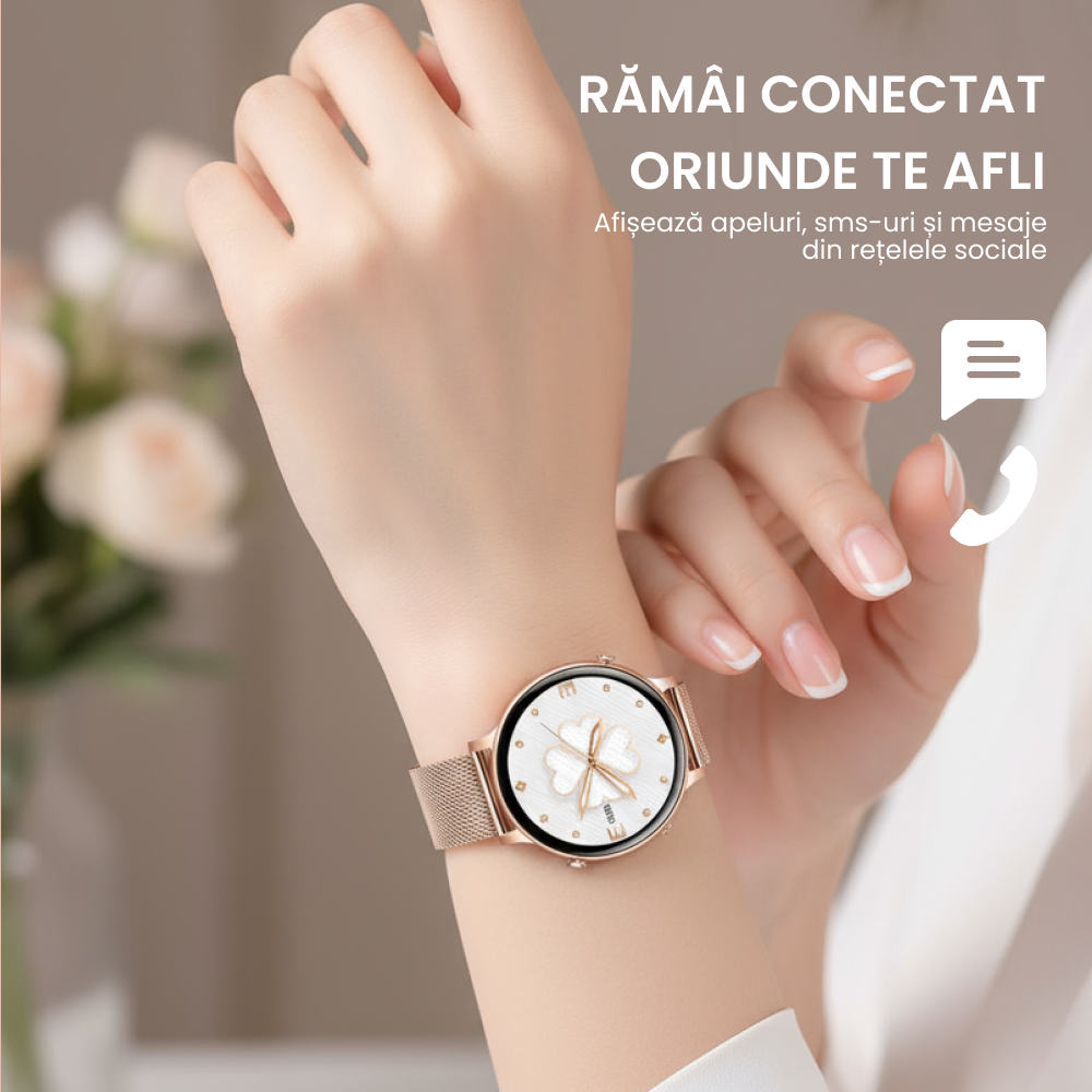 Smartwatch Damă cu Monitorizare Ritm Cardiac, Somn și Notificări, Gold