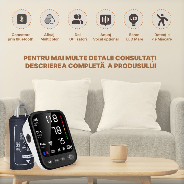 tensiometru cu ecran LED HD si cifre mari pentru citire usoara a valorilor tensionale