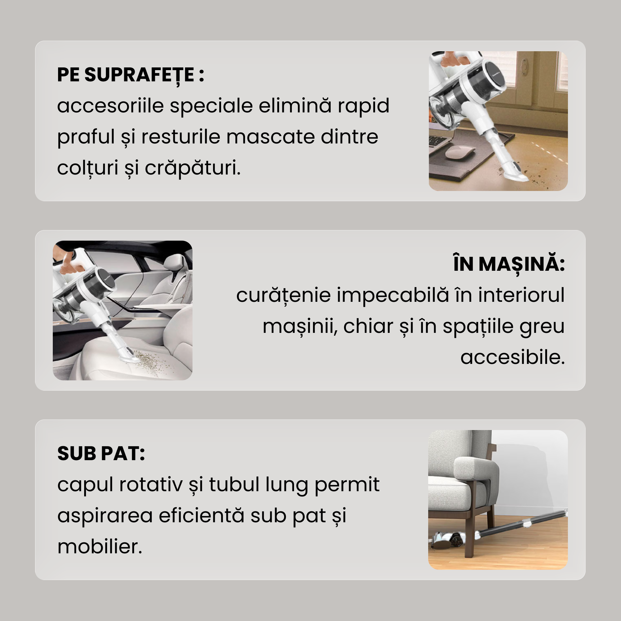 aspirator cu perie LED pentru vizibilitate imbunatatita in zone intunecate