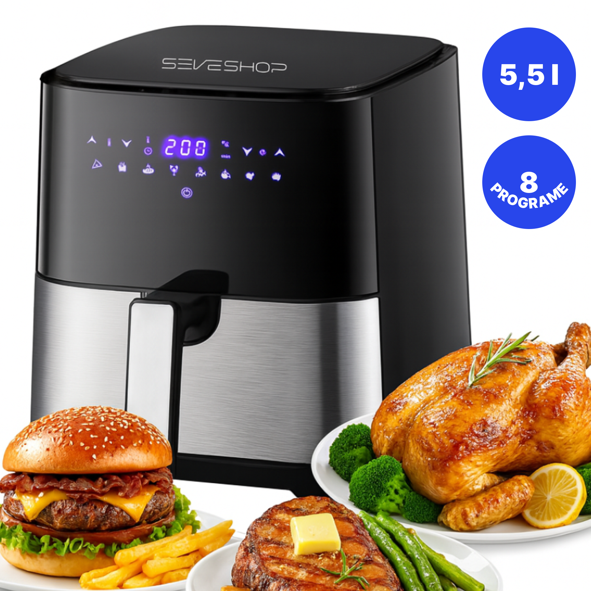 friteuza cu aer cald 5.5L cu 8 programe digitale pentru gatit fara ulei