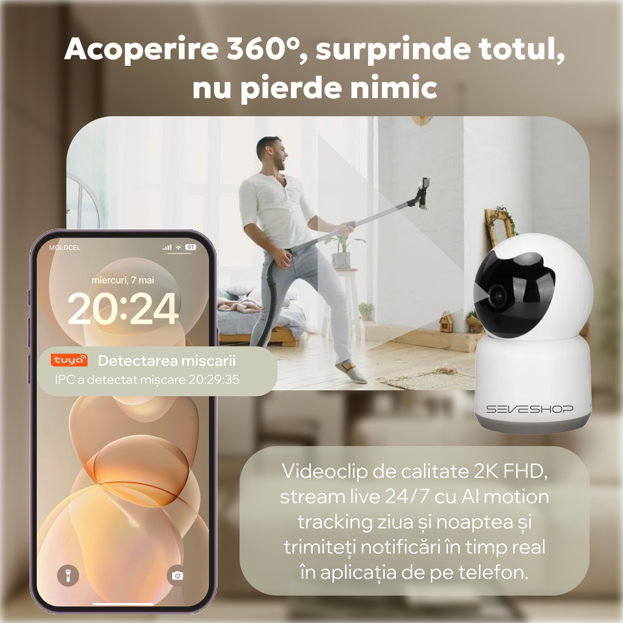 Baby Monitor acoperire 360 grade si notificari de miscare pe telefon