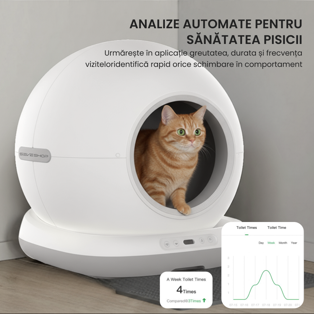 toaletă automată pentru pisici folosită acasă pentru eliminarea mirosurilor
