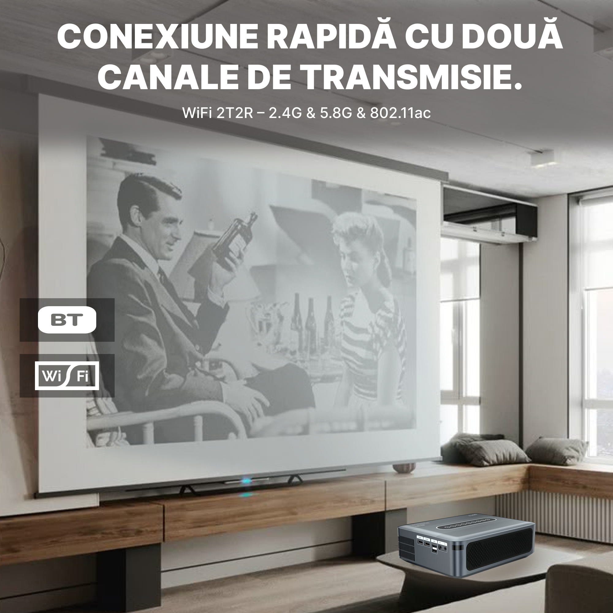 Videoproiector Portabil Full HD cu Android Integrat, Wi-Fi si Bluetooth 5.0