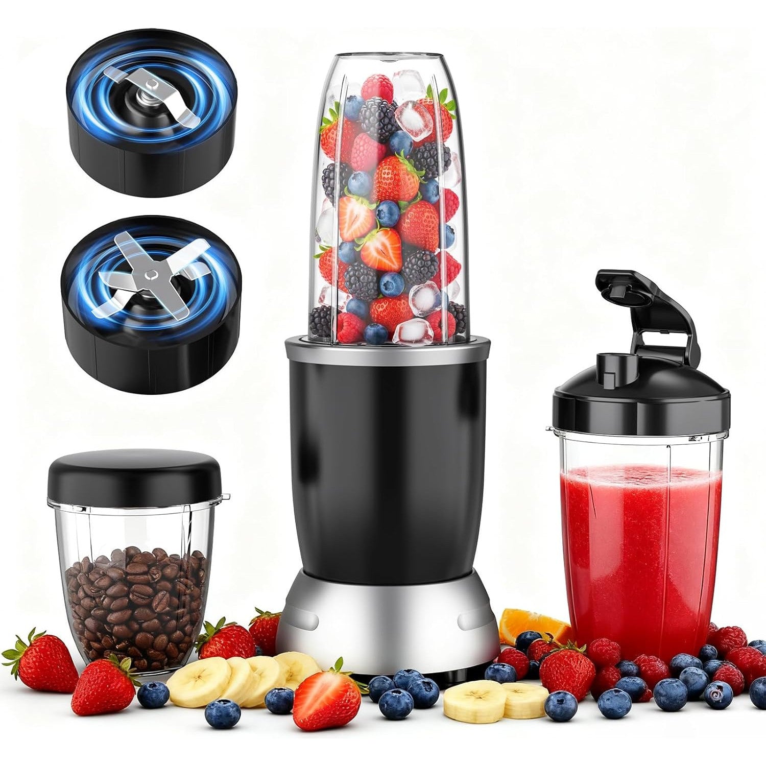 Blender Portabil BL916 1200W cu 3 Recipiente, 25000 RPM, Smoothie si Macinare — RESIGILAT