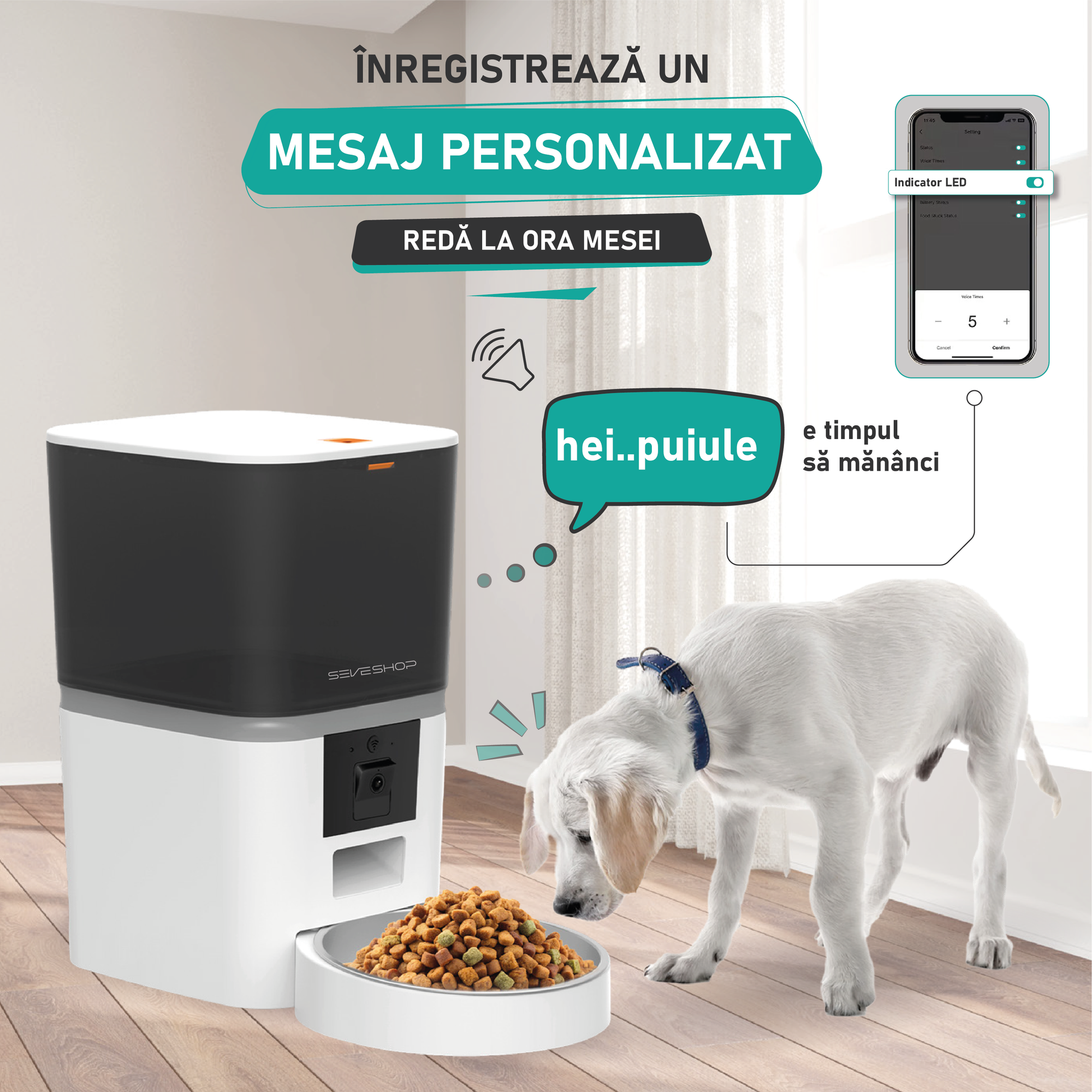 dispenser hrana animale cu control prin aplicatie mobila si monitorizare in timp real