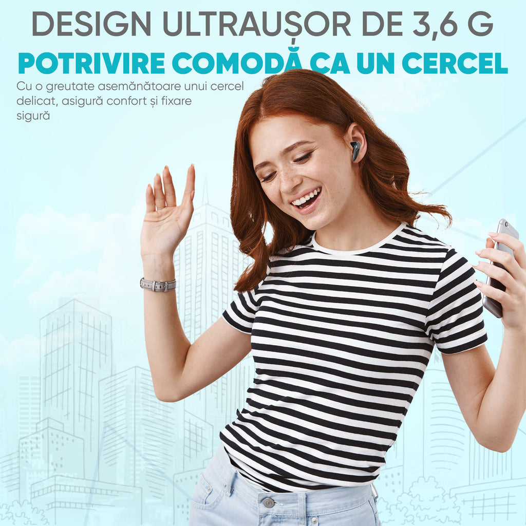 căști TWS care redau sunet stereo cu reducerea zgomotului de fundal