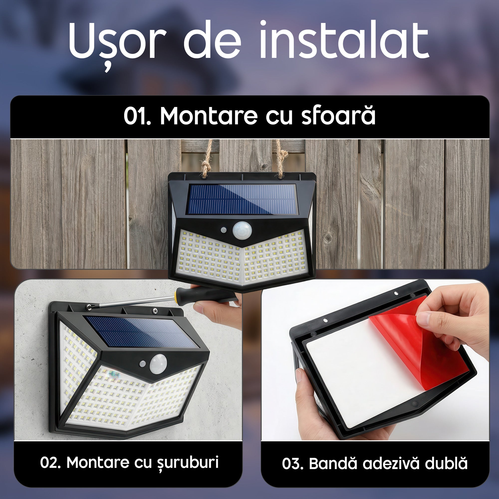 proiector solar cu 212 LED-uri si reflector pentru acoperire luminoasa extinsa in exterior