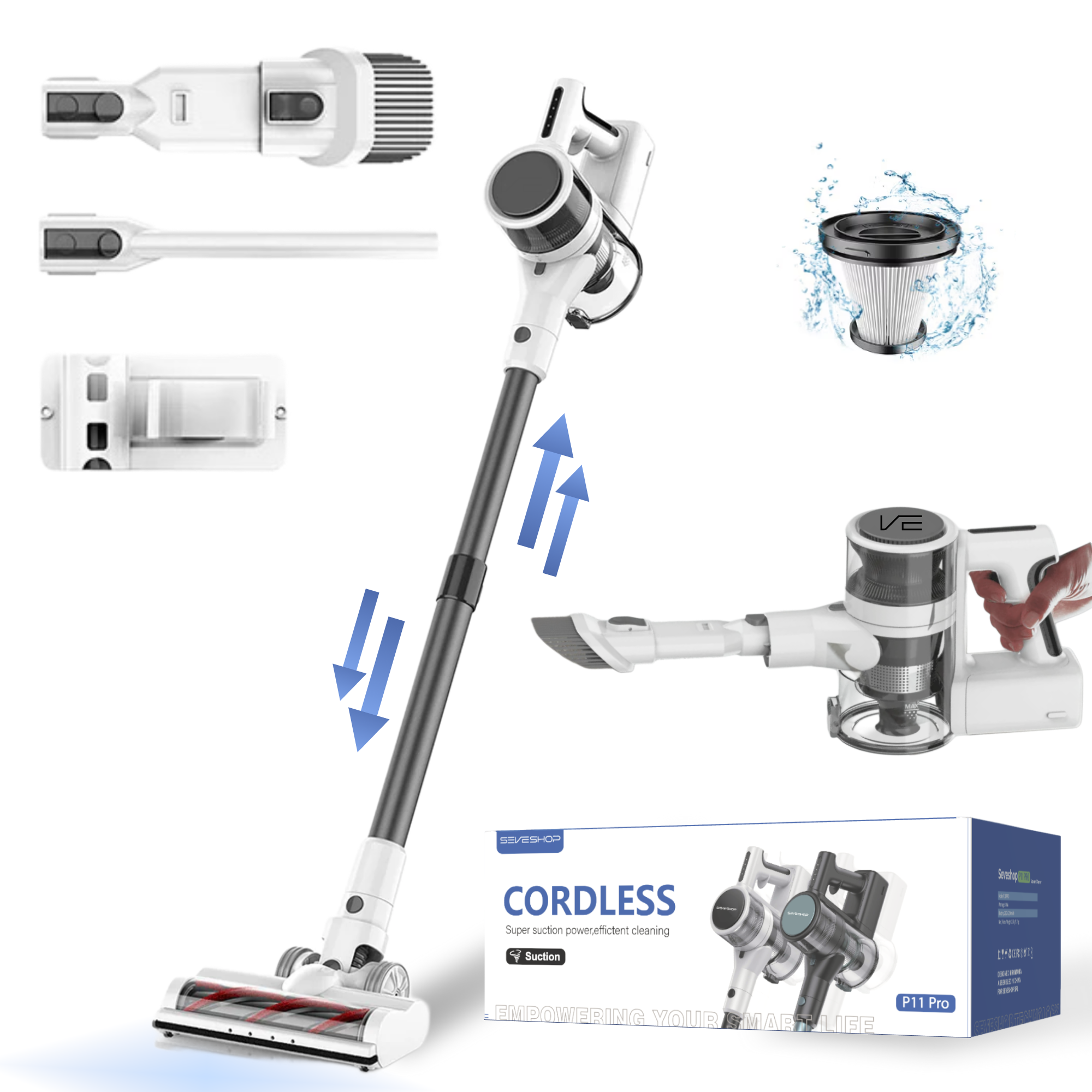 Aspirator Vertical P11 Pro 4 in 1, 30000Pa, HEPA si Perie LED — RESIGILAT