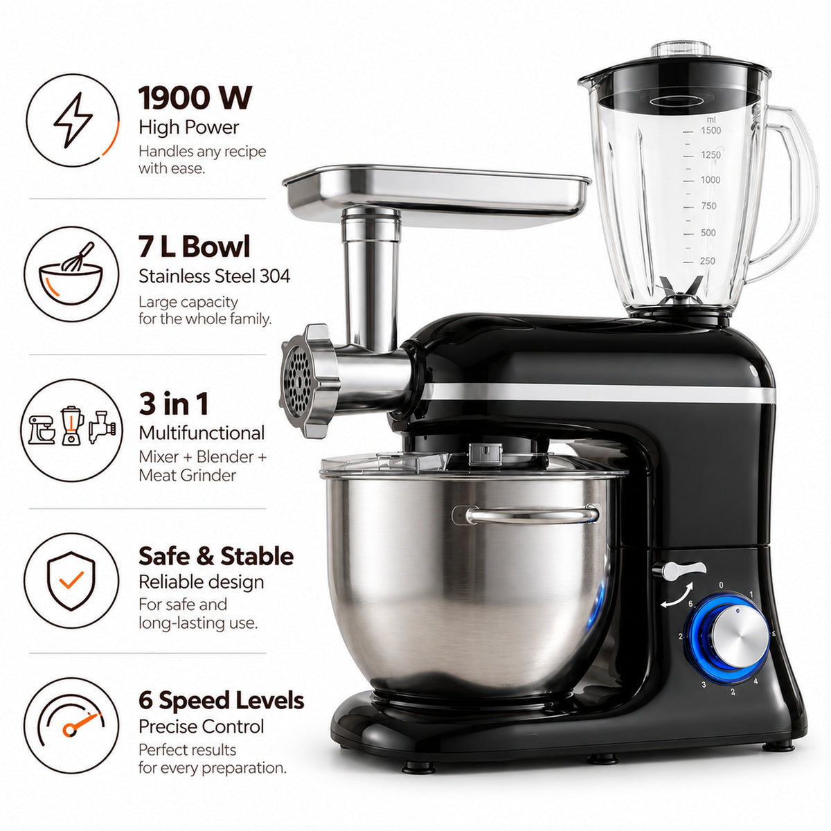 Robot de bucătărie 3 în 1 SM-1520BM negru cu blender, mașină de tocat și bol inox, infografic 1900 W și 6 viteze