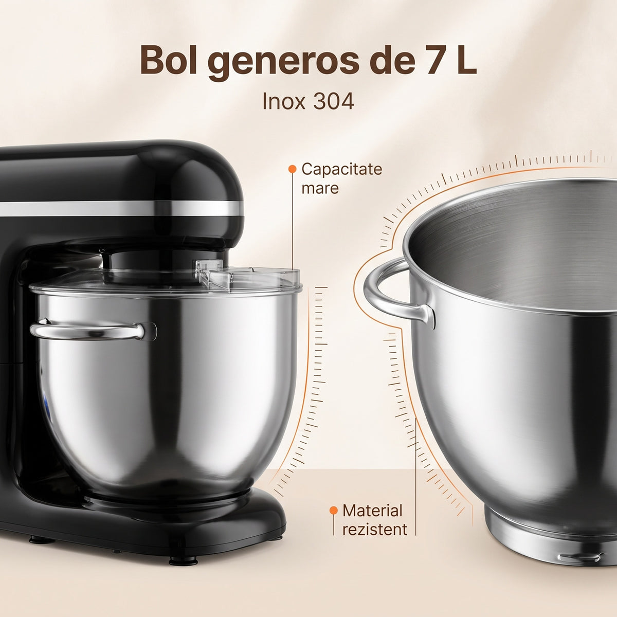 Bolul din inox de 7 L al robotului SM-1520BM, montat cu capac anti-stropire și separat, în prim-plan