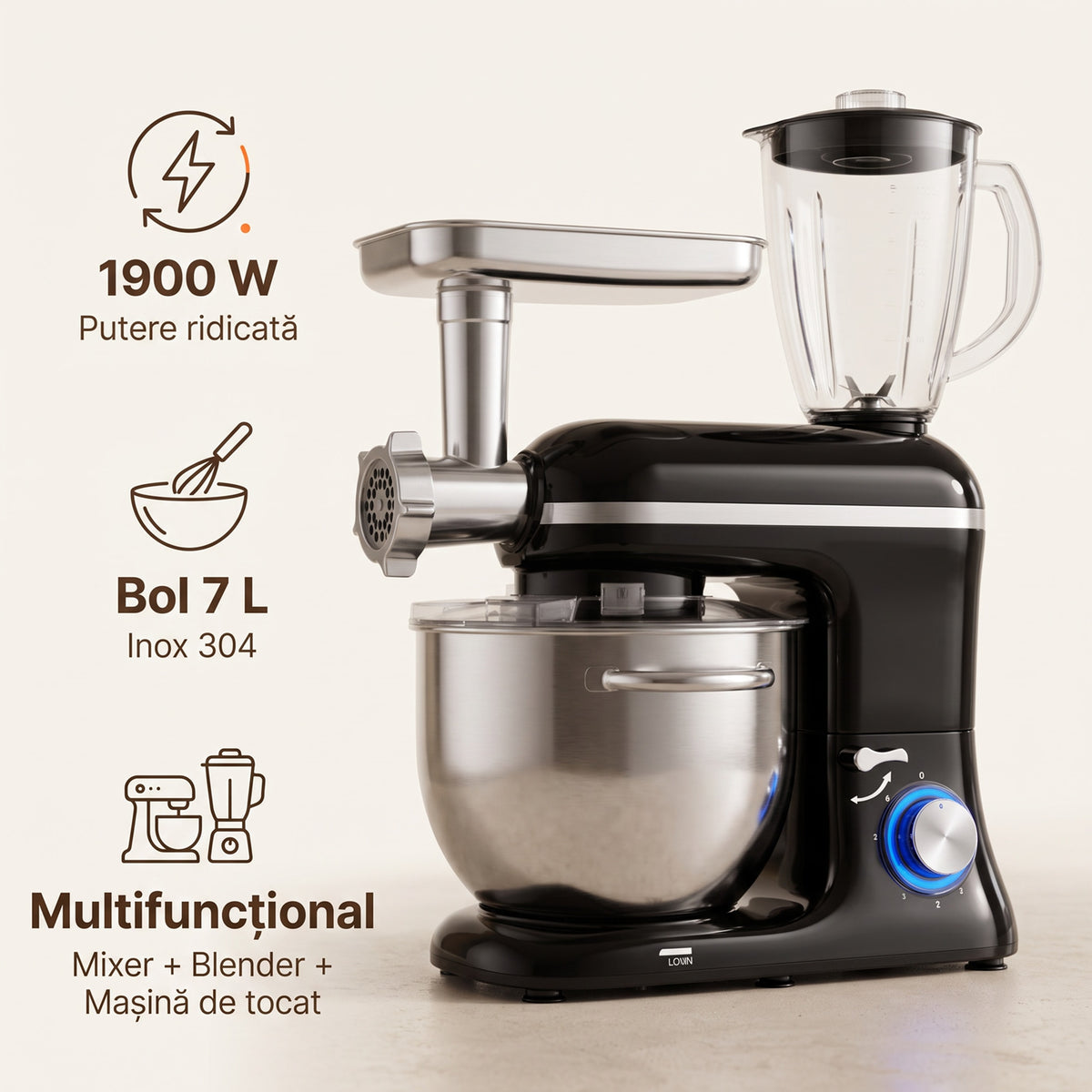 Robot de bucătărie SM-1520BM cu blender și mașină de tocat montate, bol inox de 7 L, pe fundal bej