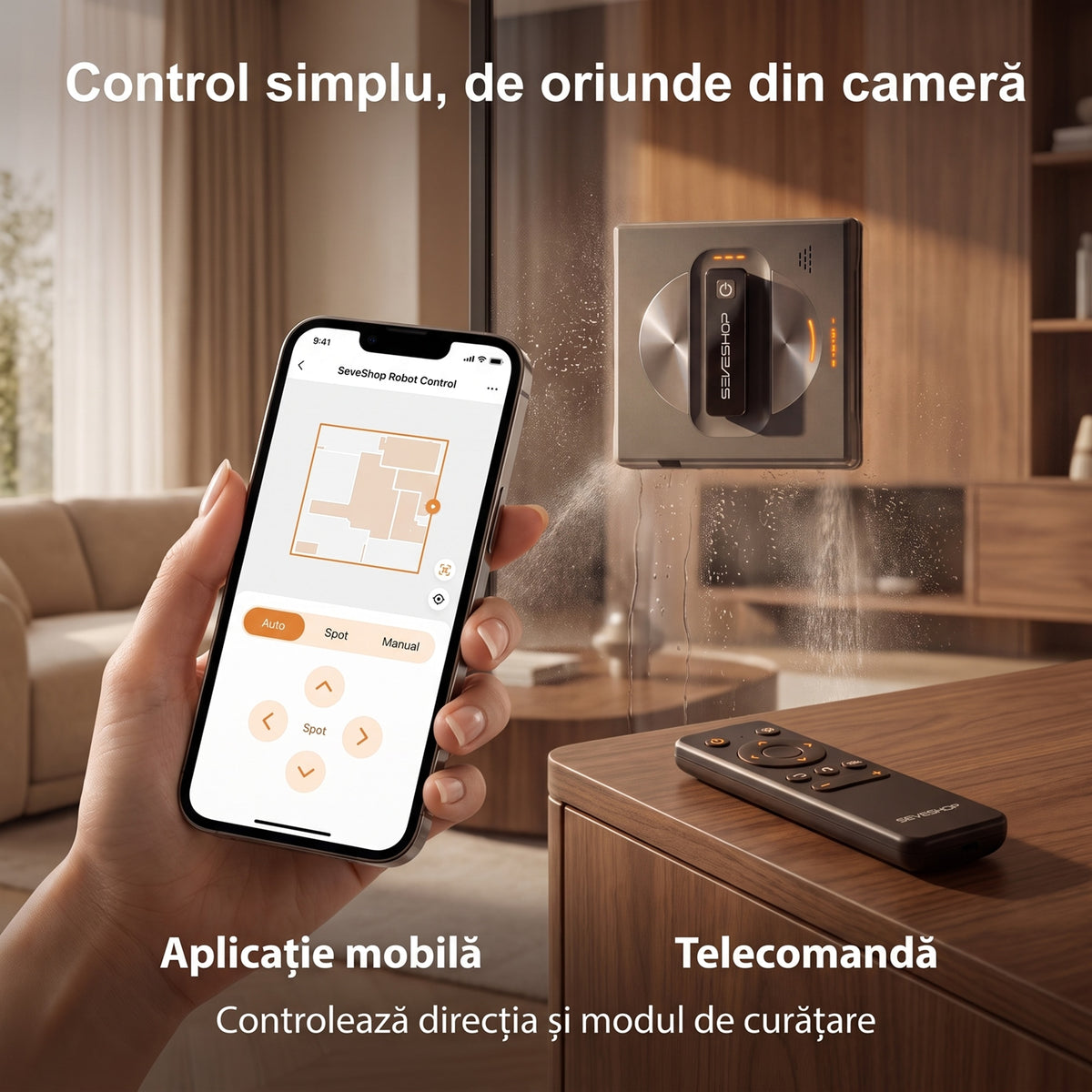 Mână cu telefonul pe aplicația robotului F19-05 și telecomanda pe masă, cât robotul curăță geamul