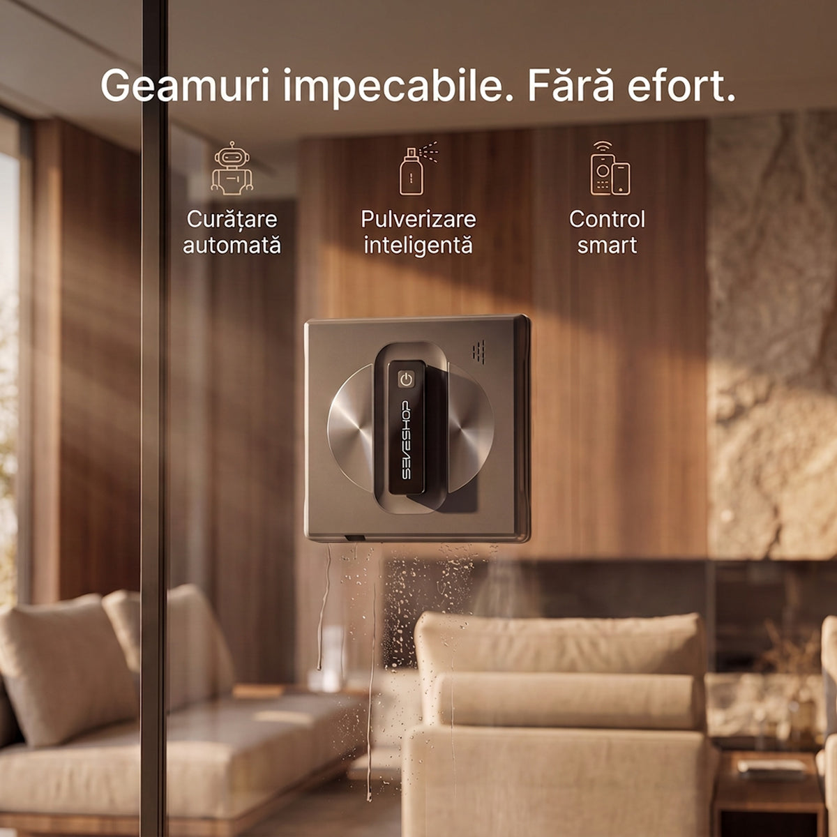 Robot de geamuri F19-05 fixat pe un perete de sticlă în living, cu iconițe: curățare automată, pulverizare, control smart
