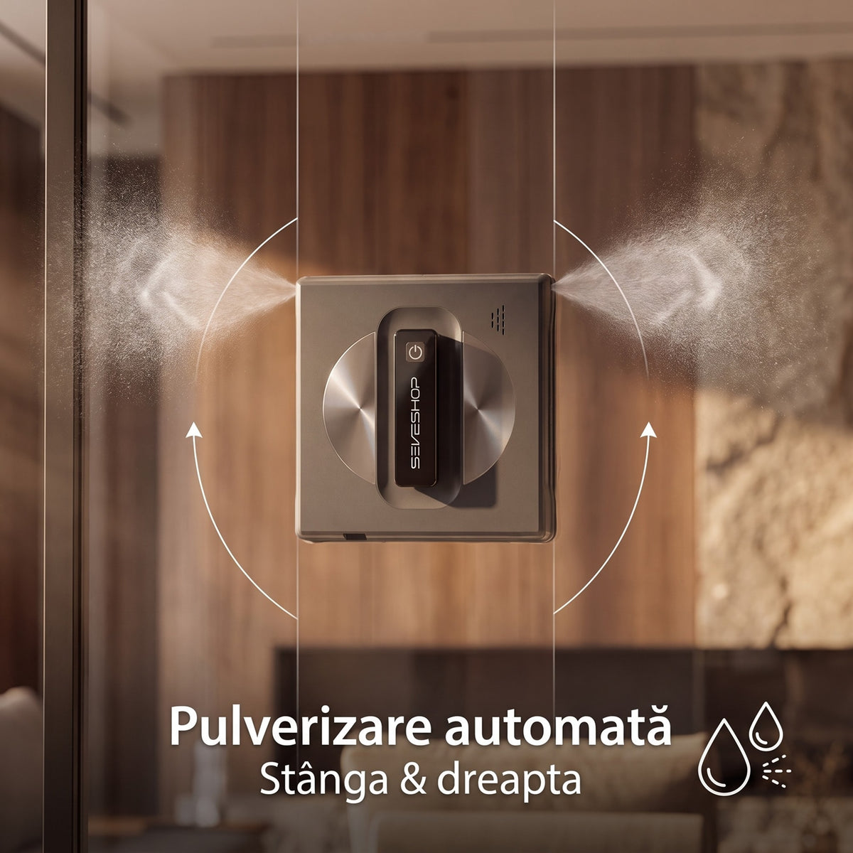 Robot de curățat geamuri F19-05 pulverizând soluție simultan în stânga și în dreapta pe un geam