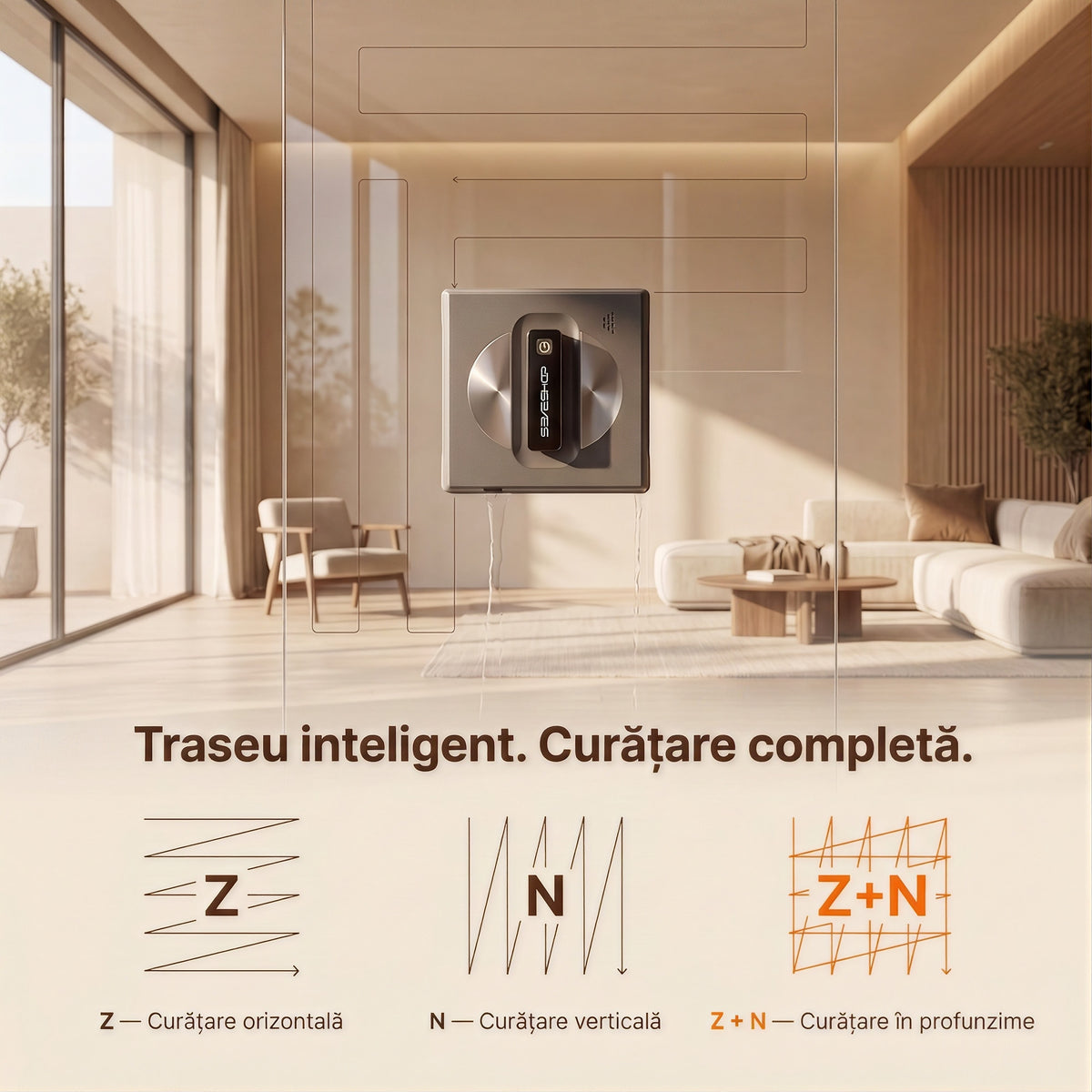 Robot de geamuri F19-05 pe un geam mare de living, cu schemele traseelor de curățare Z, N și Z+N