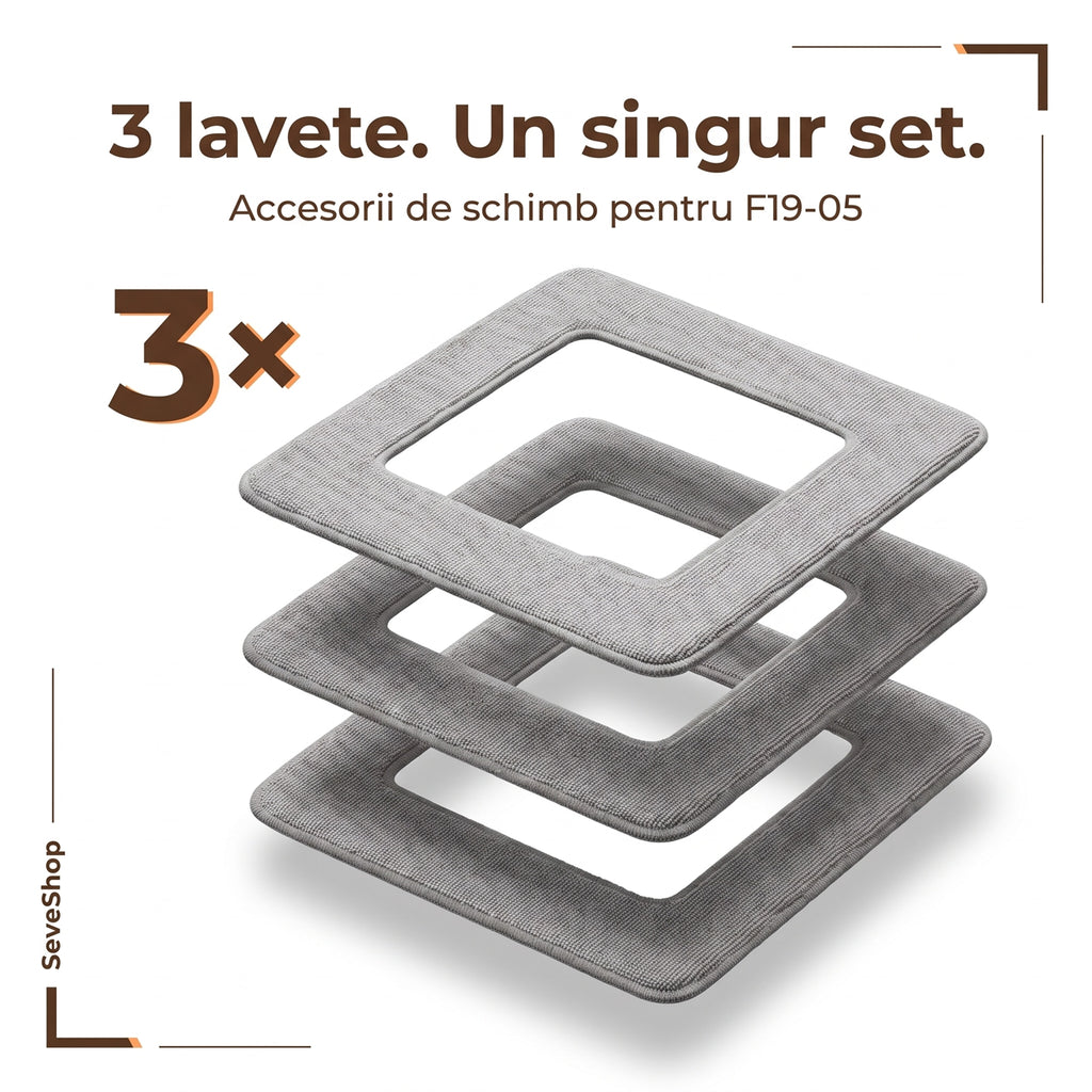 Trei lavete pătrate din microfibră pentru robotul de geamuri F19-05, suprapuse, cu mențiunea 3x