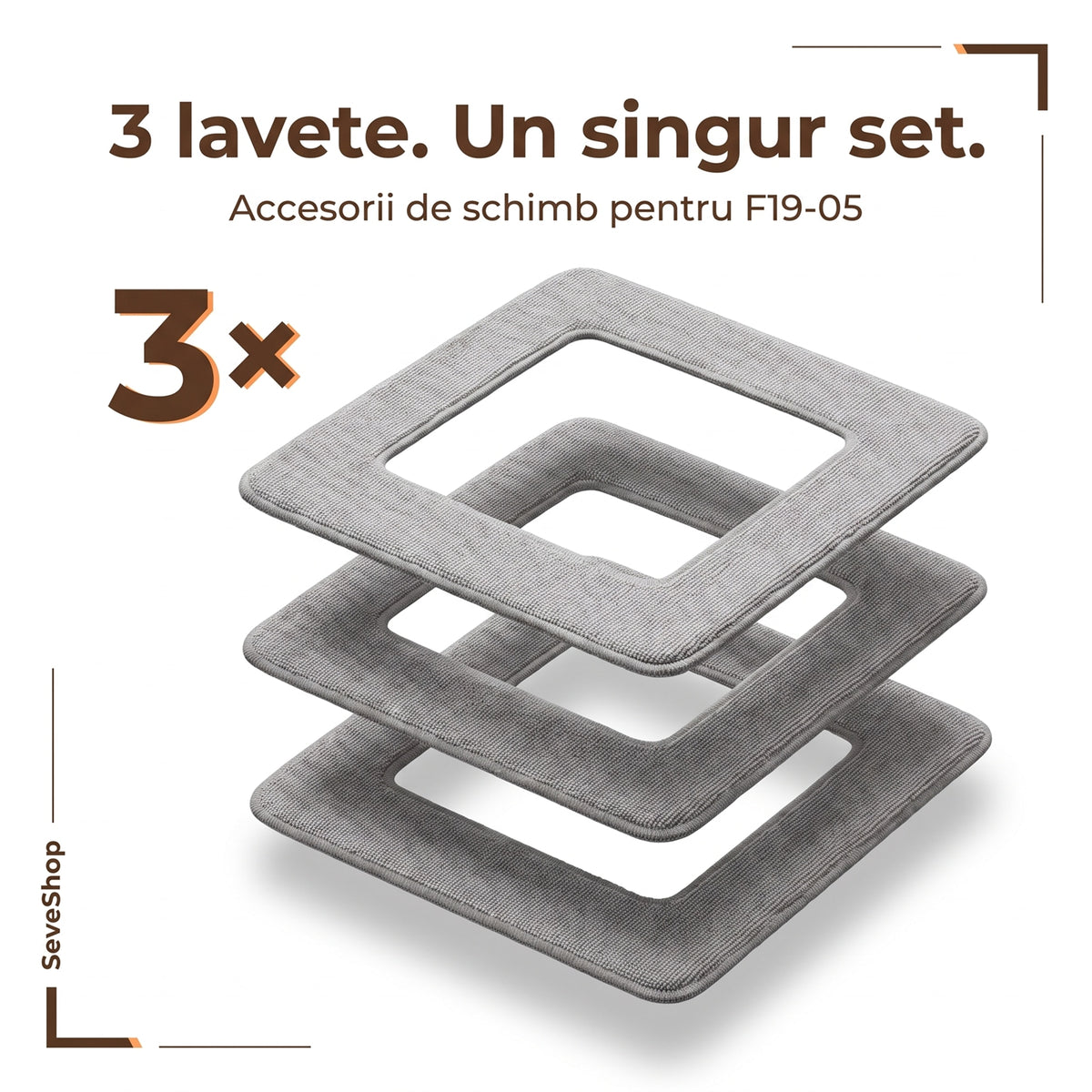 Trei lavete pătrate din microfibră pentru robotul de geamuri F19-05, suprapuse, cu mențiunea 3x