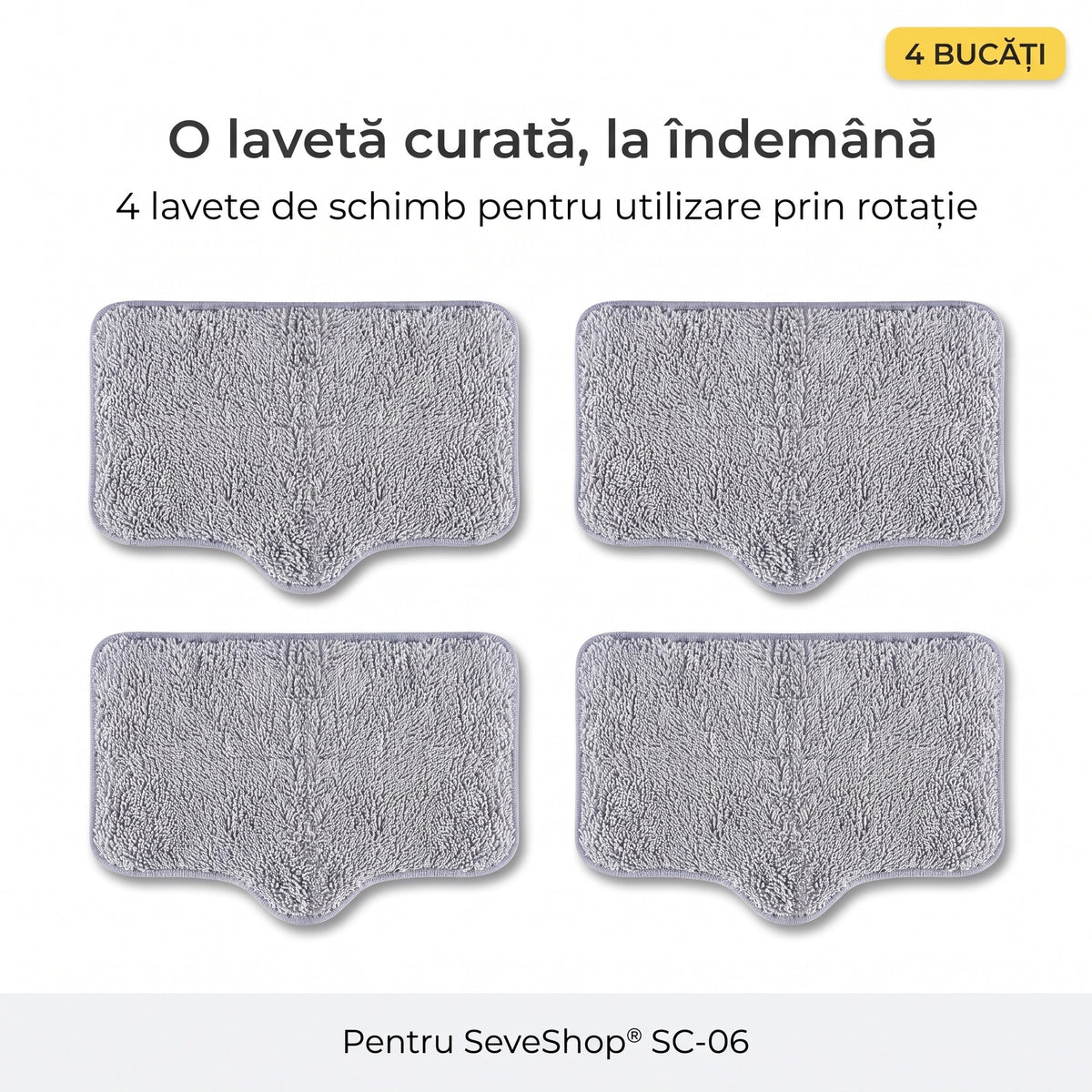 Cele 4 lavete mop gri pentru SC-06 așezate în grilă, cu eticheta 4 bucăți