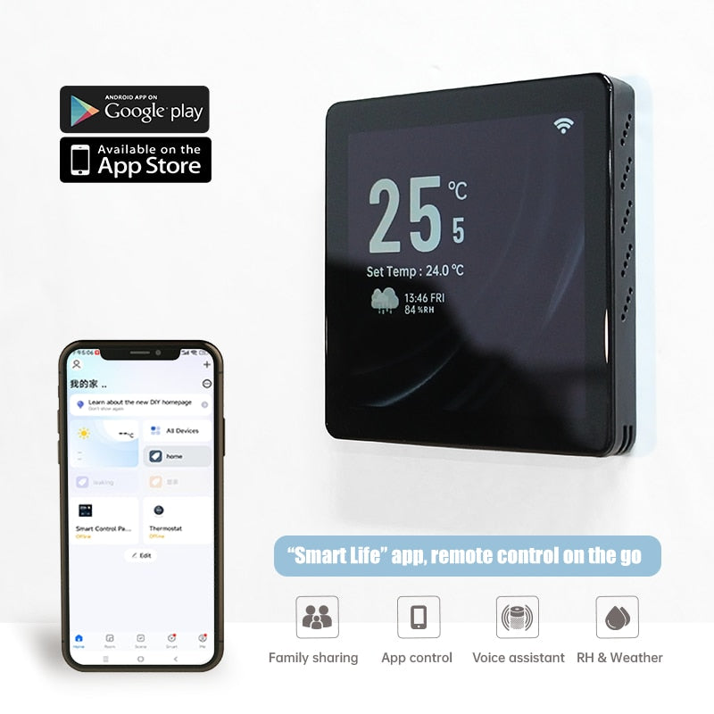 Termostat BHT-2005 negru pe perete și telefon cu aplicația Smart Life, cu iconițe Google Play și App Store