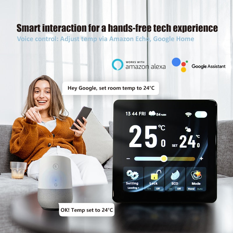 Femeie pe canapea care setează termostatul BHT-2005 la 24 °C prin comandă vocală către o boxă Google Home
