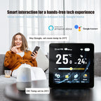 Femeie pe canapea care setează termostatul BHT-2005 la 24 °C prin comandă vocală către o boxă Google Home