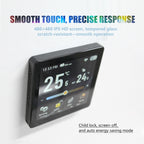 Termostat BHT-2005 negru montat pe perete, văzut din unghi, cu ecran IPS 480 × 480 și fante de aerisire laterale