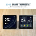 Două termostate BHT-2005 pe masă, negru cu ecran simplificat și alb cu ecran complet, ambele afișând 23,5 °C