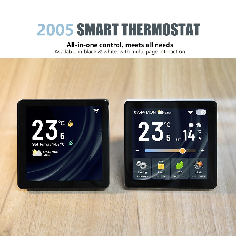 Două termostate BHT-2005 pe masă, negru cu ecran simplificat și alb cu ecran complet, ambele afișând 23,5 °C