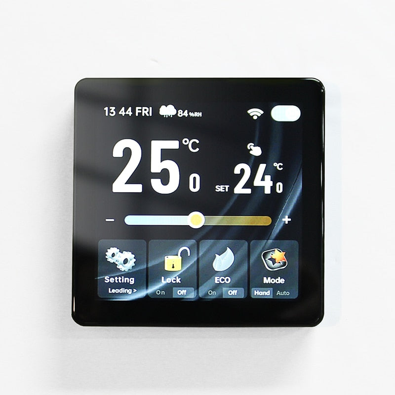 Termostat smart BHT-2005 negru, vedere frontală, ecran tactil cu 25 °C, temperatura setată 24 °C și butoane Lock, ECO, Mode