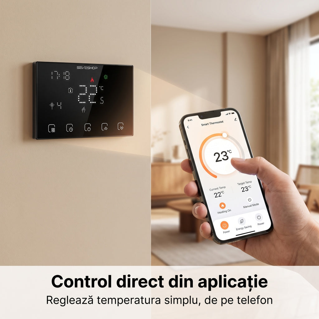 Termostat BHT-8000RF pe perete și telefon cu aplicația, temperatura țintă setată la 23 °C