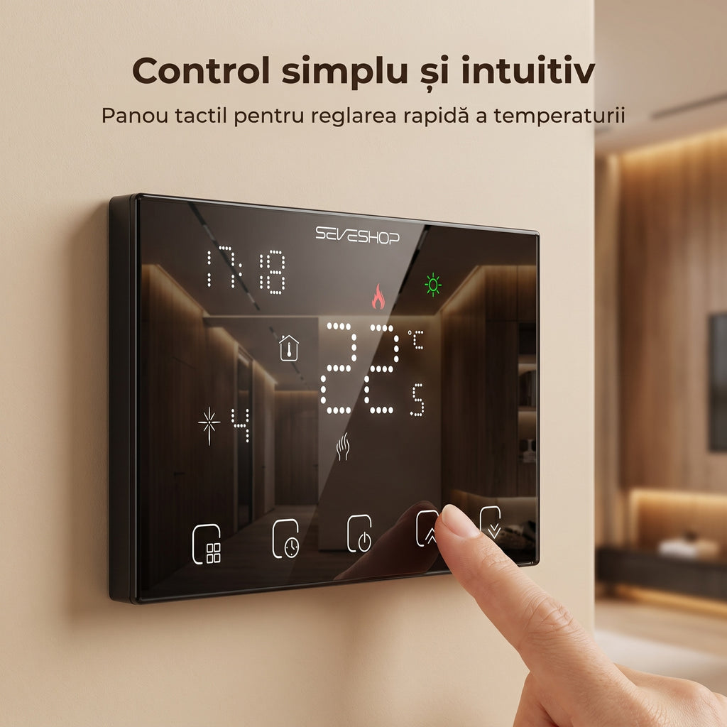 Deget care atinge butonul de creștere a temperaturii pe panoul termostatului BHT-8000RF