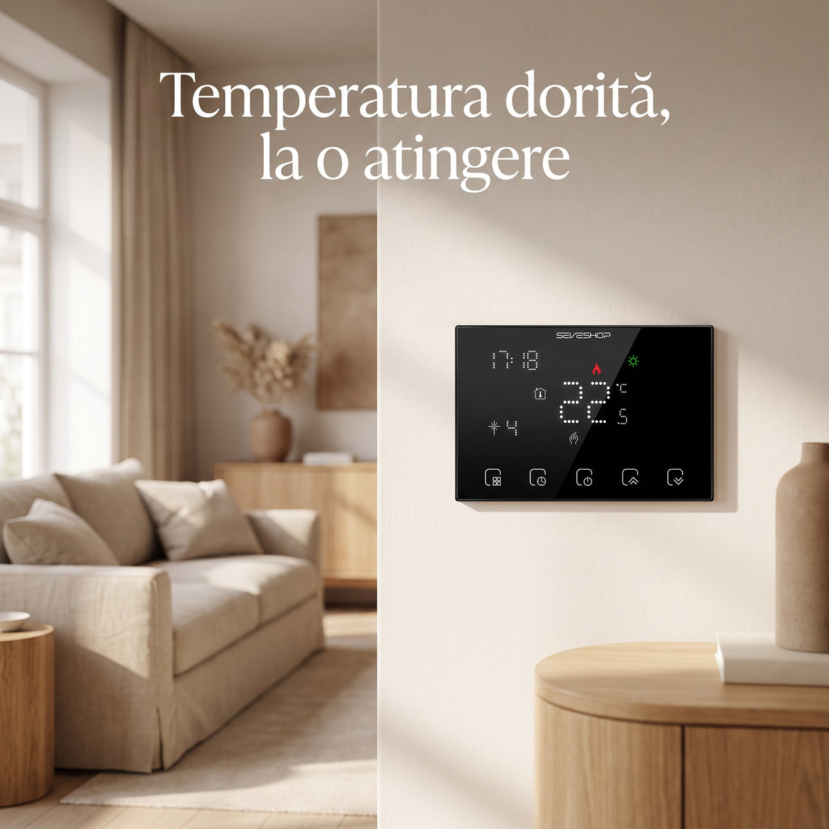 Termostat BHT-8000RF montat pe peretele unui living luminos, lângă o canapea bej
