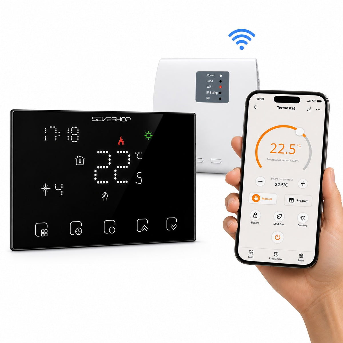 Termostat Wi-Fi BHT-8000RF: panou tactil negru, receptor alb cu LED-uri și telefon cu aplicația la 22,5 °C