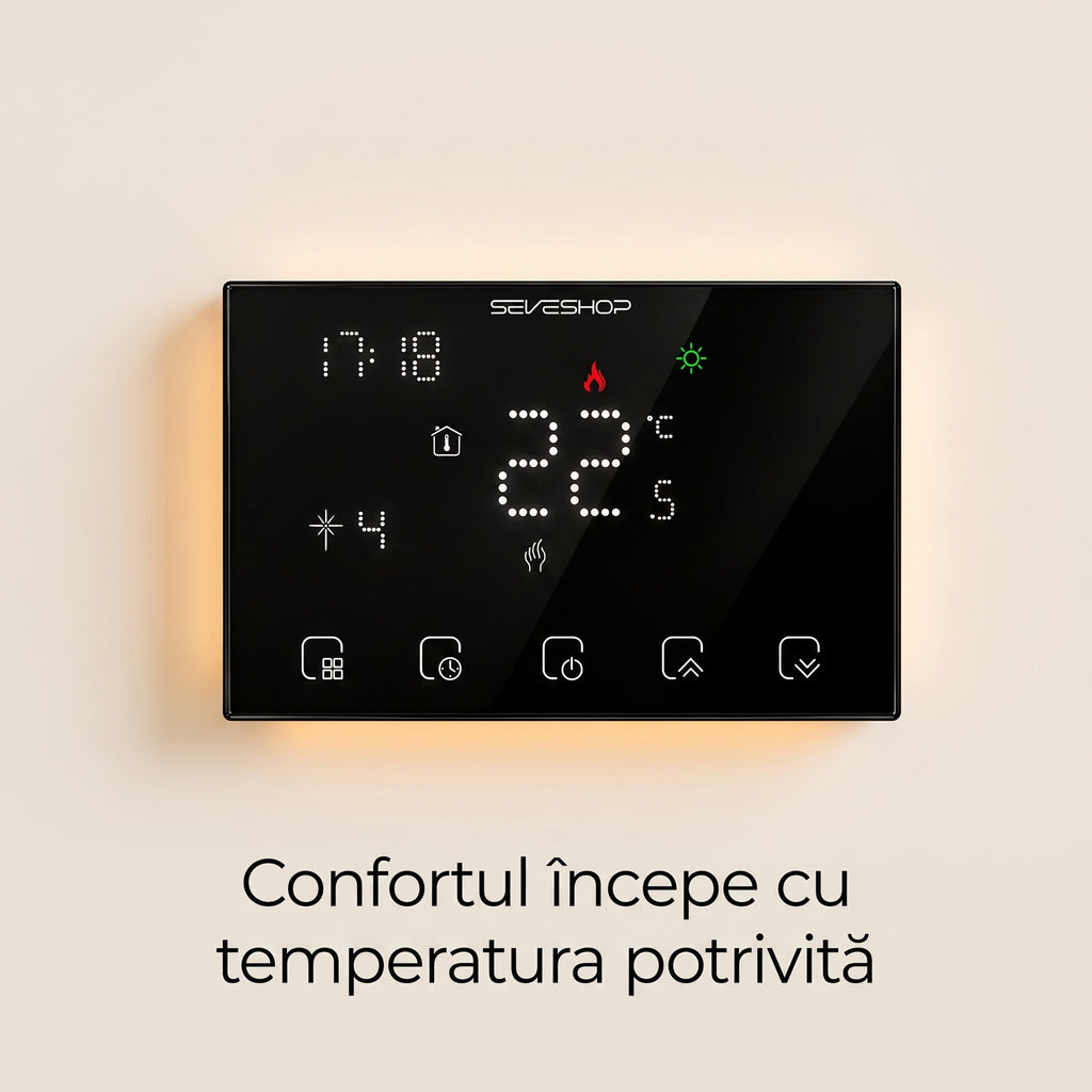 Panoul tactil negru al termostatului BHT-8000RF pe un perete bej, afișând ora și 22 °C