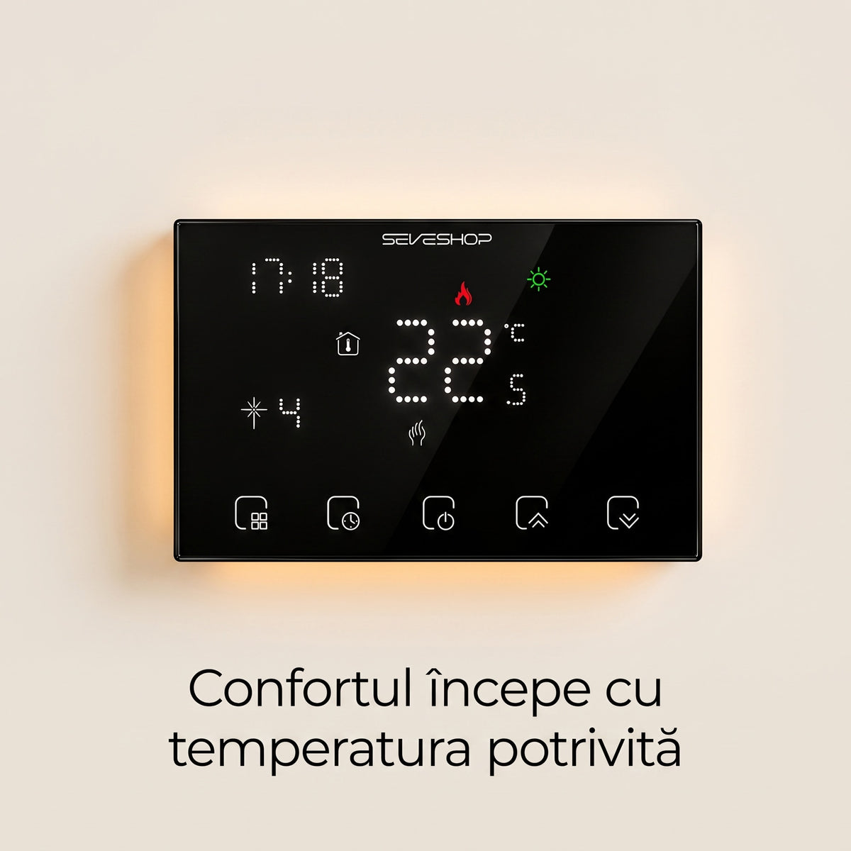 Panoul tactil negru al termostatului BHT-8000RF pe un perete bej, afișând ora și 22 °C