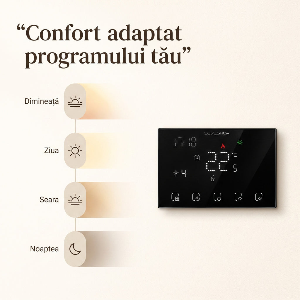 Termostat BHT-8000RF și programul pe momente ale zilei: dimineață, zi, seară și noapte