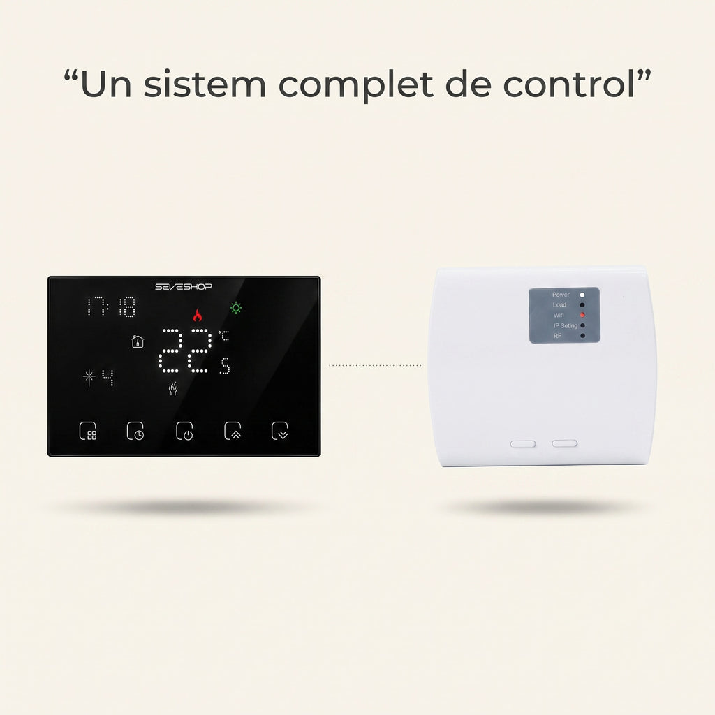 Panoul tactil negru și receptorul alb al termostatului BHT-8000RF, legate fără fir