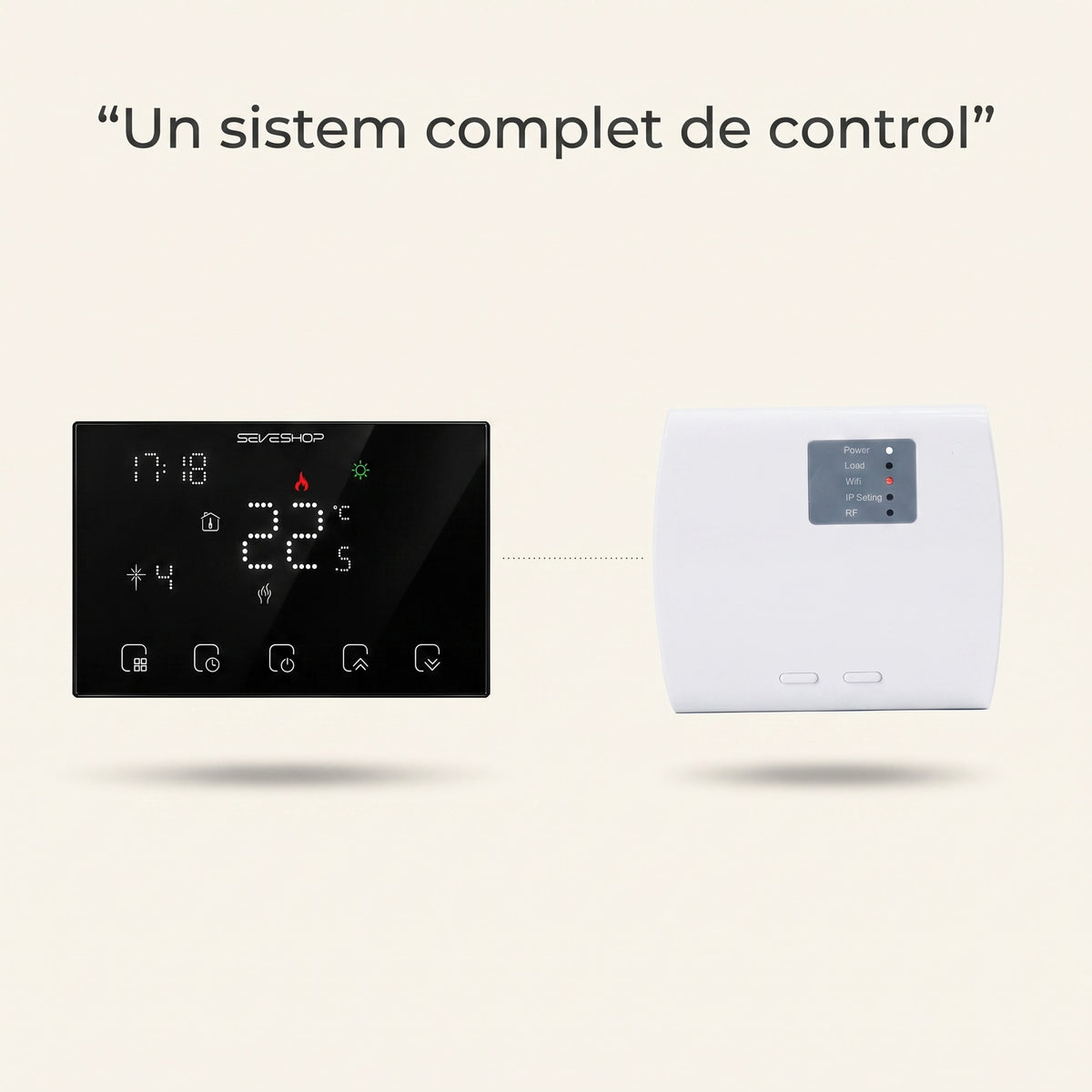 Panoul tactil negru și receptorul alb al termostatului BHT-8000RF, legate fără fir