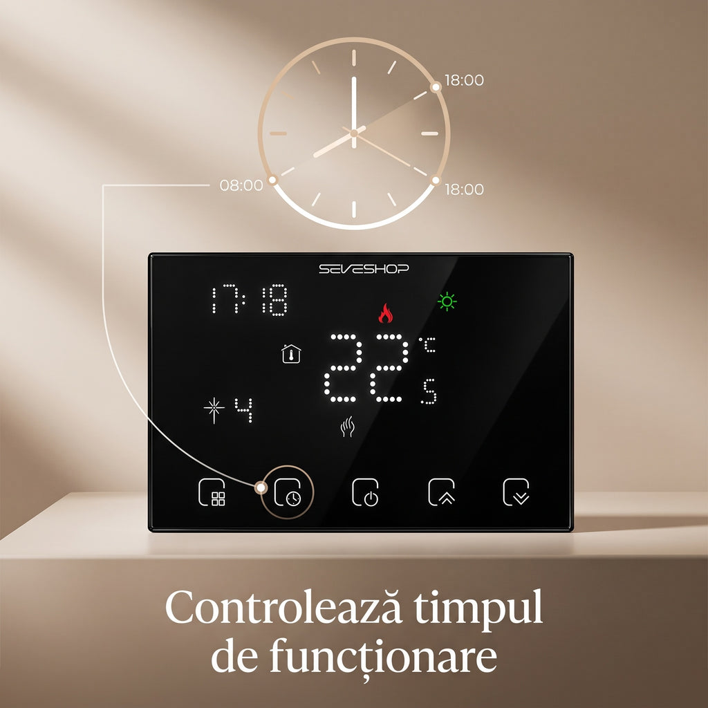 Butonul de timp al termostatului BHT-8000RF evidențiat, cu un ceas care marchează 08:00 și 18:00